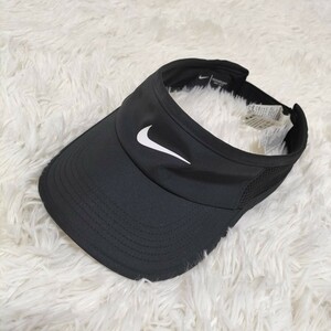 美品☆NIKE FEATHERLIGHT DRI-FIT ナイキ スウォッシュロゴ サンバイザー ドライフィット ゴルフキャップ ワンサイズ 黒 帽子 古着 USED