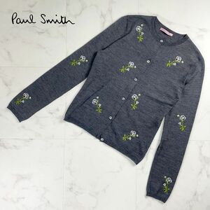 美品 Paul Smith ポール・スミス ウール・シルク混 花刺繍ニットカーディガン トップス レディース グレー系 サイズM*NC737