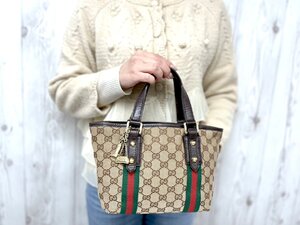 極美品 GUCCI グッチ GGキャンバス シェリーライン ハンドバッグ バッグ キャンバス×レザー 茶系 79974