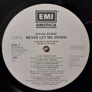 PROMO日本盤LP 見本盤 白ラベル David Bowie / Never Let Me Down 1987年 EMI America EYS-91221 日本語歌唱 Girls 収録 デビッド・ボウイ