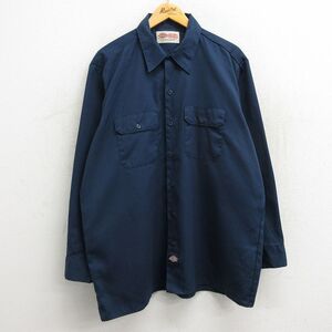 XL/古着 ディッキーズ Dickies 長袖 ワーク シャツ メンズ 90s 大きいサイズ ロング丈 紺 ネイビー 23oct28 中古 トップス