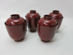 SG05079 【 古い 箸洗い 4客揃 時代朱 内黑 】 検) 和食器 茶道具 蓋付椀 雑煮椀 汁椀 味噌汁 漆芸 美術品 古玩 i