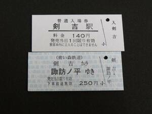 【青い森鉄道】剣吉駅入場券（140円）+剣吉から諏訪ノ平（250円）開業初日（H14.12.1）　無日付　B型