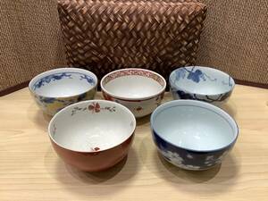 2141◆いろどり篭入小丼揃 かご入り どんぶり椀 茶碗 小さめ丼器 5客セット 長期保管品