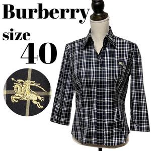 【高級】BURBERRY LONDON バーバリーロンドン ７分袖シャツ チェック ホースロゴ 刺繍 比翼仕立て 大きいサイズ ブラック レディース