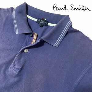 良品◎【Paul Smith】極上コットン100% ポールスミス 釦ロゴ 鹿の子 上品な濃紺/ネイビー 表記M 半袖ポロシャツ 一部マルチストライプ柄