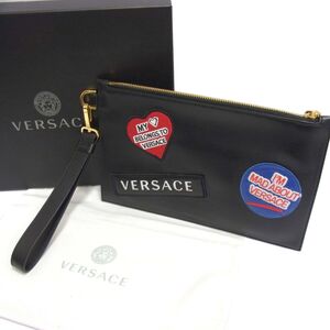 美品 定価9万円◆VERSACE ヴェルサーチェ クラッチバッグ レザーバック マルチカラーパッチ イタリア製 メンズ レディース ヴェルサーチ