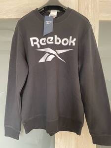 未使用品 正規品保証 タグ付きリーボック Reebok 黒 白いビッグロゴ スウェット トレーナー JASPO Lサイズ スリム体形向け パイル地 綿80％