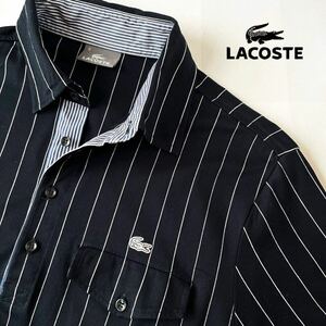 (美品) ラコステ LACOSTE カットソー ストライプ 半袖シャツ 4 (L) ブラック ホワイト ビズポロ シャツ KH348C