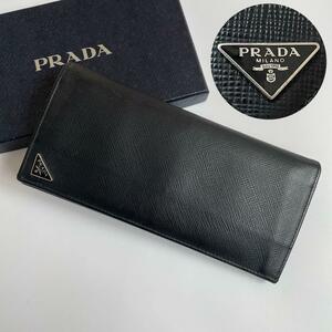 【極美品】PRADA プラダ メンズ 長財布 二つ折り サフィアーノレザー 三角ロゴ トライアングル ロゴプレート 黒 ブラック 2MV836