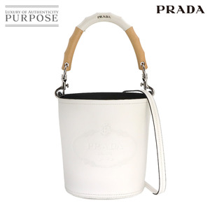 新品同様 プラダ PRADA タンブール ウッドハンドル バケット 2way ハンド ショルダー バッグ レザー ホワイト 1BE048 90238352