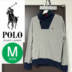 POLO by RALPH LAUREN ポロ バイ ラルフローレン 長袖 グレー Mサイズ M メンズ ロゴ 刺繍 スウェット トレーナー 色落ち ネイビー 紺