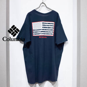 XL / Columbia コロンビア コットン 半袖 Tシャツ 背面 グラフィック TEE 星条旗 デザイン プリント ネイビー 紺 アウトドア 古着 フェス