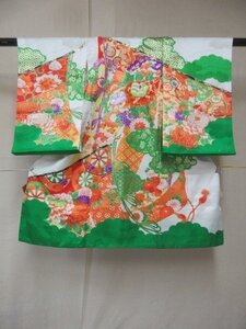 1円 良品 正絹 女児 子供着物 縮緬 七五三 和装 和服 産着 誰が袖 雲 花菱 高級 袷 身丈97cm 身巾47cm【夢職】★★★