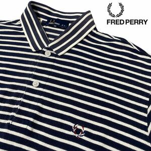 人気のLサイズ【FRED PERRY】半袖ポロシャツ ボーダー柄 濃紺/ダークネイビー×白/ホワイト 釦ロゴ刻印 フレッドペリー ロゴ刺繍 良品◎