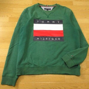 ◎TOMMY HILFIGER トミーヒルフィガー◆スウェット トレーナー ビッグロゴ 前V カジュアル◆メンズ 緑 Mサイズ◆AA1250