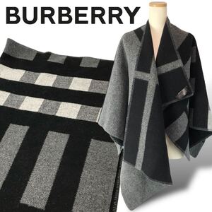 t65 BURBERRY バーバリー ウール×カシミヤ ストール ショール ポンチョ ケープ アウター チェック柄 グレー ブラック 正規品