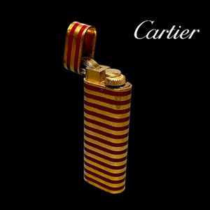 Cartier カルティエ PLAQUE OR G オーバル型 ラッカー ボーダー柄 ローラー式 ガスライター ゴールド ボルドー スイス製 着火未確認 ☆