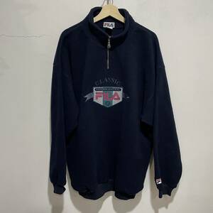 ☆送料無料☆90s☆FILA☆ハーフジップフリースプルオーバー☆フロントロゴ☆ネイビー☆スウェット☆XXL☆J21ｂ