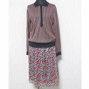 美品 DIANE von FURSTENBERG ダイアンフォンファステンバーグ シルク100％ 切替 長袖 ひざ丈 ワンピース 6 マルチカラー ◆