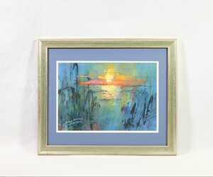 真作 納健 パステル「KOLI FINLAND」画寸 35×24cm 兵庫県出身 無所属 神戸新聞文芸欄でお馴染み ピエリネン湖の水面に朧気に映る曙光 7889