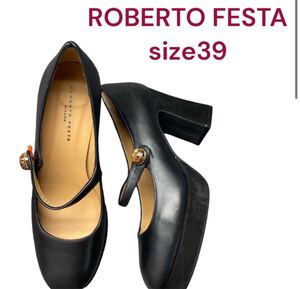 美品　ロベルトフェスタ　丸みと太ヒールが可愛い　パンプス　39、25㎝　ROBERTO FESTA 黒 ブラック