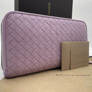 【箱付き/美品】ボッテガヴェネタ BOTTEGA VENETA 長財布 イントレチャート ラウンドファスナー レザー 本革 ピンク ロングウォレット