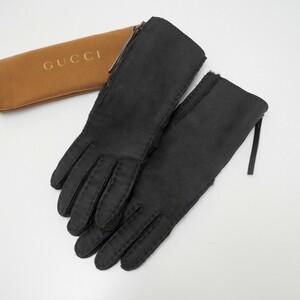 GQ5783〇イタリア製 GUCCI グッチ*リアルムートン*ジップ装飾*グローブ 手袋*Size 7*ブラック