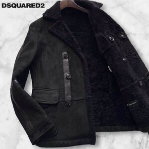 超弩級!!!漆黒の覇者!!!DSQUARED2 ディースクエアード リアルムートンコート ダブル 最高級羊革 ラムレザー ボア ファー ブラック 黒 L位