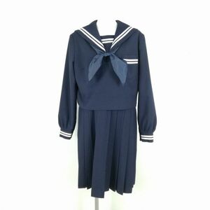 1円 セーラー服 ジャンパースカート スカーフ 上下3点セット 大きいサイズ 冬物 白2本線 女子 学生服 中学 高校 紺 中古 ランクC NA9127