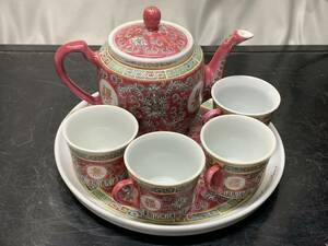 中国景德鎮製 茶具 粉彩花紋[萬壽無疆] 煎茶道具 磁器茶器 茶具セット 伝統工芸 中国美術 置物 賞物 まとめて6個