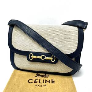 1円 良品 CELINE セリーヌ 馬車金具 ホースビット キャンバス × レザー ショルダー バッグ dD10128N