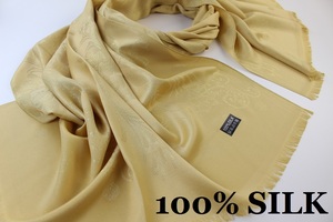 新品 アウトレット【SILK シルク100%】金糸織 ドット 華 ペイズリー柄 大判 ストール/スカーフ イエローベージュ系 ゴールド