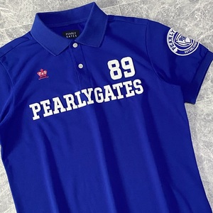 近年モデル PEARLY GATES パーリーゲイツ 半袖 ポロシャツ ストレッチ 吸水速乾 メンズ 4 ブルー 青 ロゴ ワッペン ゴルフウェア C578