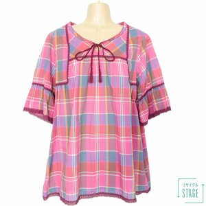 【美品！】PINK HOUSE★可愛いレース＆マドラスチェック♪綿＆絹 チュニック ブラウス ピンク系 2018 レイヤードも キュートな色合い z6807