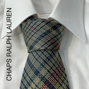 CHAPS RALPH LAUREN チャップス ラルフローレン チェック ジャガード シルク ネクタイ 日本製 ネイビー イエロー レッド オーカー TG988