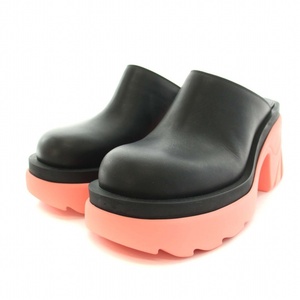 BOTTEGA VENETA FLASH LEATHER MULES CLOGS ミュール サンダル チャンキーヒール 厚底 レザー 37 24.0cm 黒 ピンク 668525 レディース