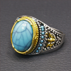 [RING] Antique Design Turquoises Stone オーバル ターコイズ ブルー ストーン シルバー & ゴールド 17mm ワイドリング 16号