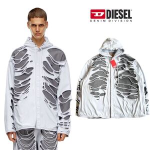 新品 DIESEL ディーゼル D-Dewny フーデッドデニムシャツ ジャケット フーディー パーカー スウェット リップド加工 Dロゴ 刺繍 ホワイト