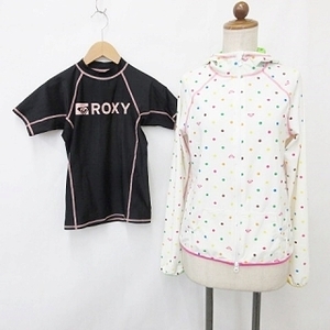 ロキシー ROXY スポーツ ラッシュガード 2枚 パーカー 長袖 ジップアップ ドット 総柄 シャツ 半袖 丸首 ロゴ プリント クリーム 黒 M