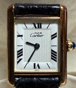 １円～　Cartier　カルティエ　Must de Cartier Tank Vermeil　マストタンク　ヴェルメイユ　ゴールド　レザー　腕時計　銀時計　ケース付