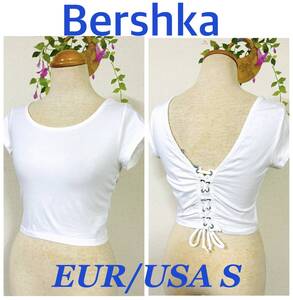 新品タグ付き　Bershka　ベルシュカ　 ショート丈　カットソー　オープンバック　編み上げバックスタイル 　ホワイト　サイズEUR/USA S