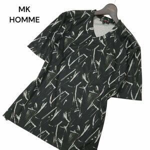 MK HOMME ミッシェルクラン オム 春夏 リーフ総柄★ Vネック 半袖 カットソー Tシャツ Sz.51　メンズ 黒　C4T05355_5#D