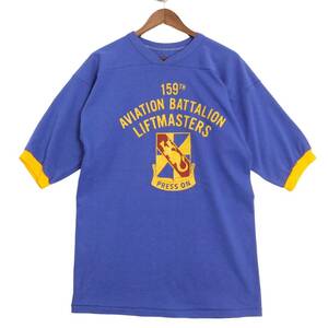 90年代 USA製 RUSSELL ATHLETIC ラッセル AVIATION BATTALION リンガー半袖Ｔシャツ ブルー (メンズ L) 中古 古着 A0533