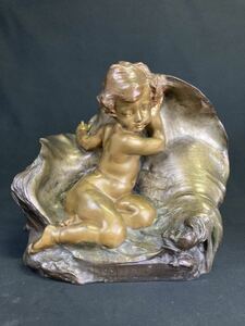 【A1864】Henri Pernot Bronze statue 「A putto in a shell」ブロンズ像 アンリ・ペルノ「シェルのプット」 希少 高さ約44cm約27kg 美術品