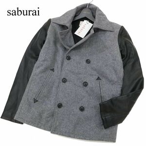 【新品 未使用】 saburai サブライ 秋冬 袖革★【羊革 リアル ラム レザー】中綿 ウール Pコート Sz.M　メンズ　C4T00172_1#N