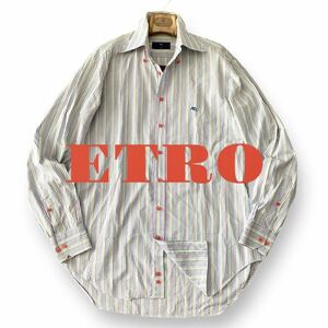 B12 美品 秋に映える！定価7万 XXLぐらい 41『エトロ ETRO』現行モデル イタリアンコットン マルチカラーストライプ 長袖 シャツ 鮮やか！