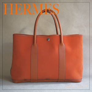 良品特価★ エルメス HERMES ガーデンパーティ PM ハンドバッグ トートバッグ トワルオフィシエ オレンジ シルバー金具 □I刻印 ブランド◆