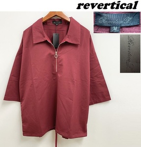 /M/ revertical ワイン ハーフ袖 ビッグサイズ ジッププルオーバーTシャツ 無地 リング タグ ルーズシルエット リバーティカル