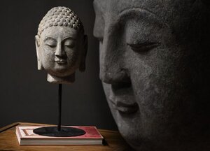 【清】某有名収集家買取品 中国・清時代 青石 仏頭残件 極細工 古置物 古擺件 古美術 唐物古董品